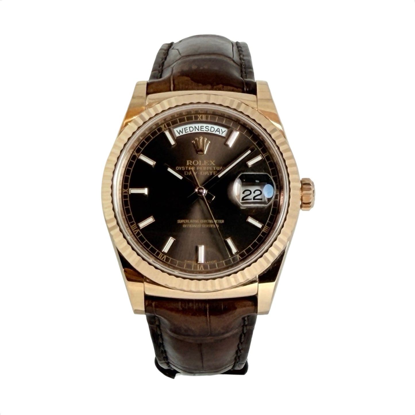 Rolex Day-Date 36 18K Everose Gold Chocolate Dial Brown Alligator Strap 118135