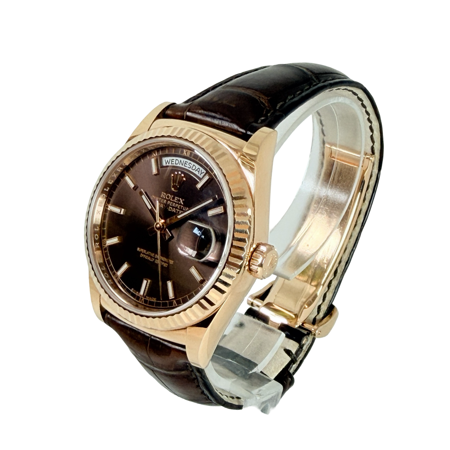 Rolex Day-Date 36 18K Everose Gold Chocolate Dial Brown Alligator Strap 118135