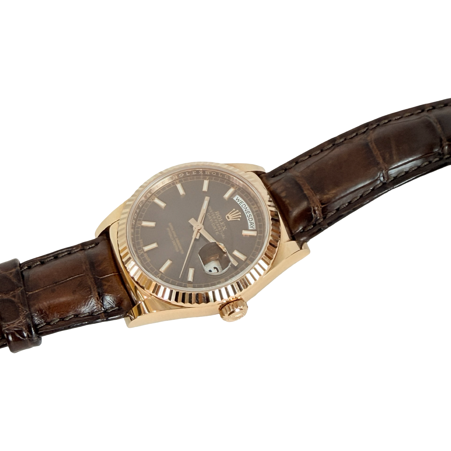 Rolex Day-Date 36 18K Everose Gold Chocolate Dial Brown Alligator Strap 118135