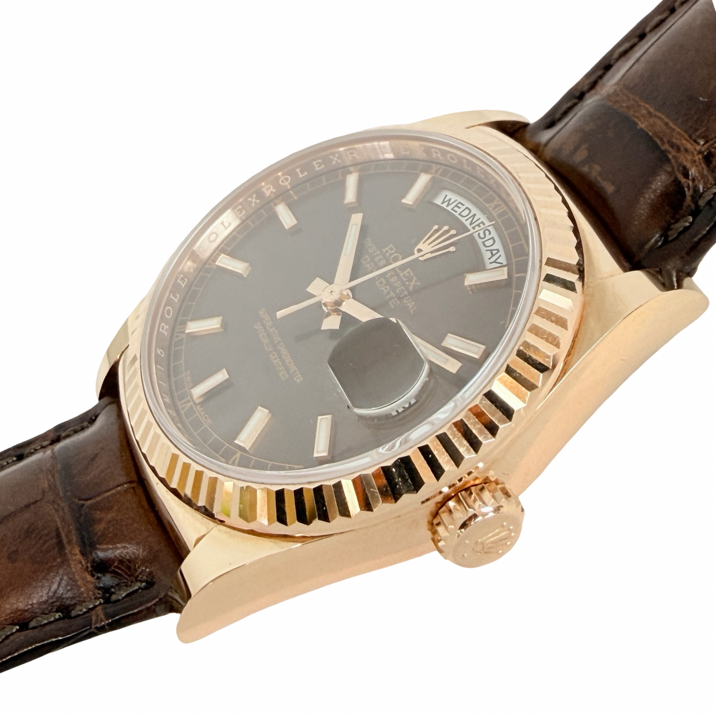 Rolex Day-Date 36 18K Everose Gold Chocolate Dial Brown Alligator Strap 118135