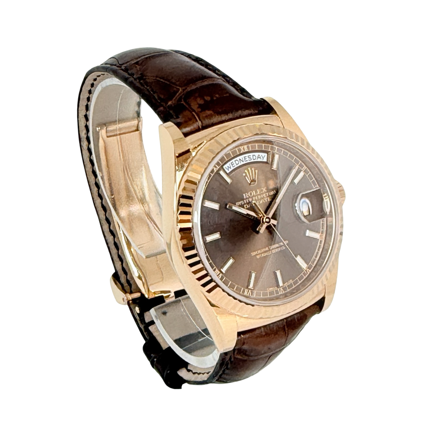 Rolex Day-Date 36 18K Everose Gold Chocolate Dial Brown Alligator Strap 118135