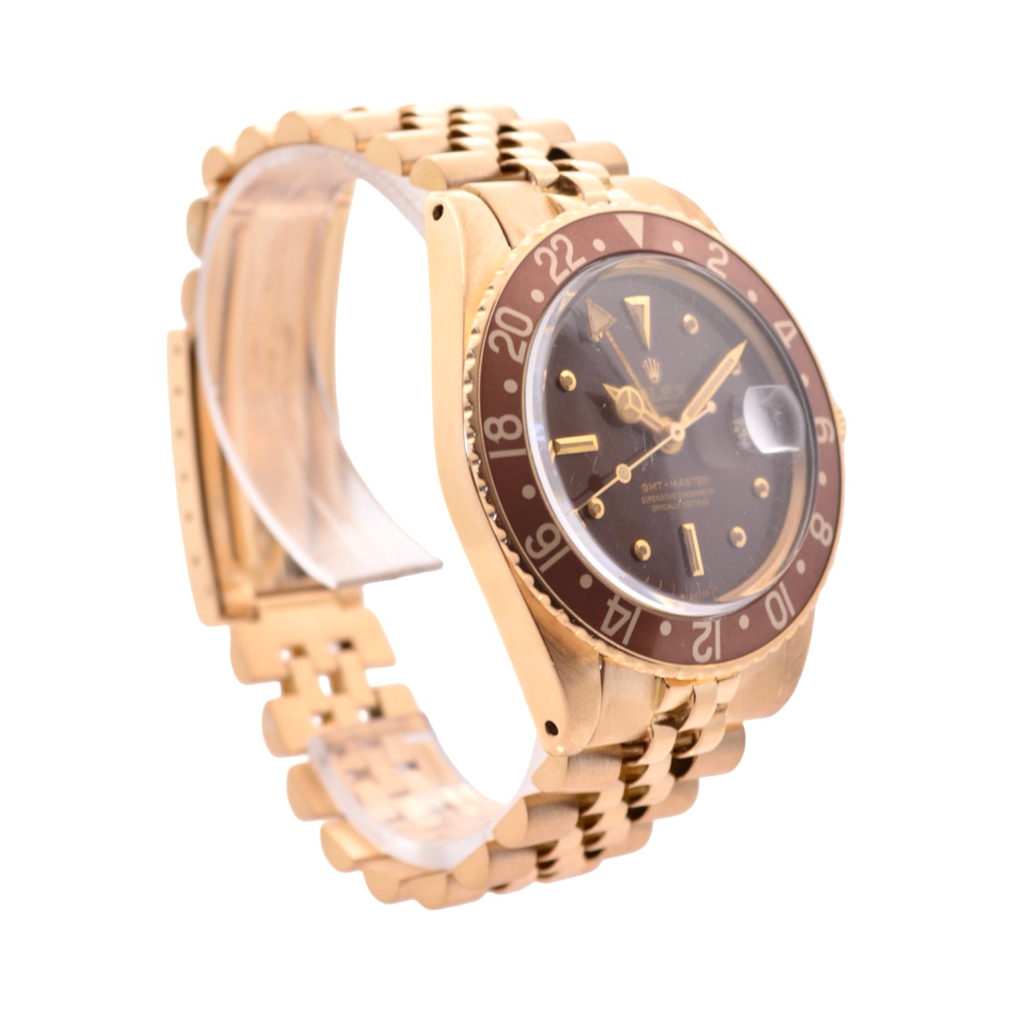 Rolex GMT-Master 40mm Date 18K Yellow Gold Case with Jubilee Bracelet "Rootbeer" Brown Dial 1675 C.1969