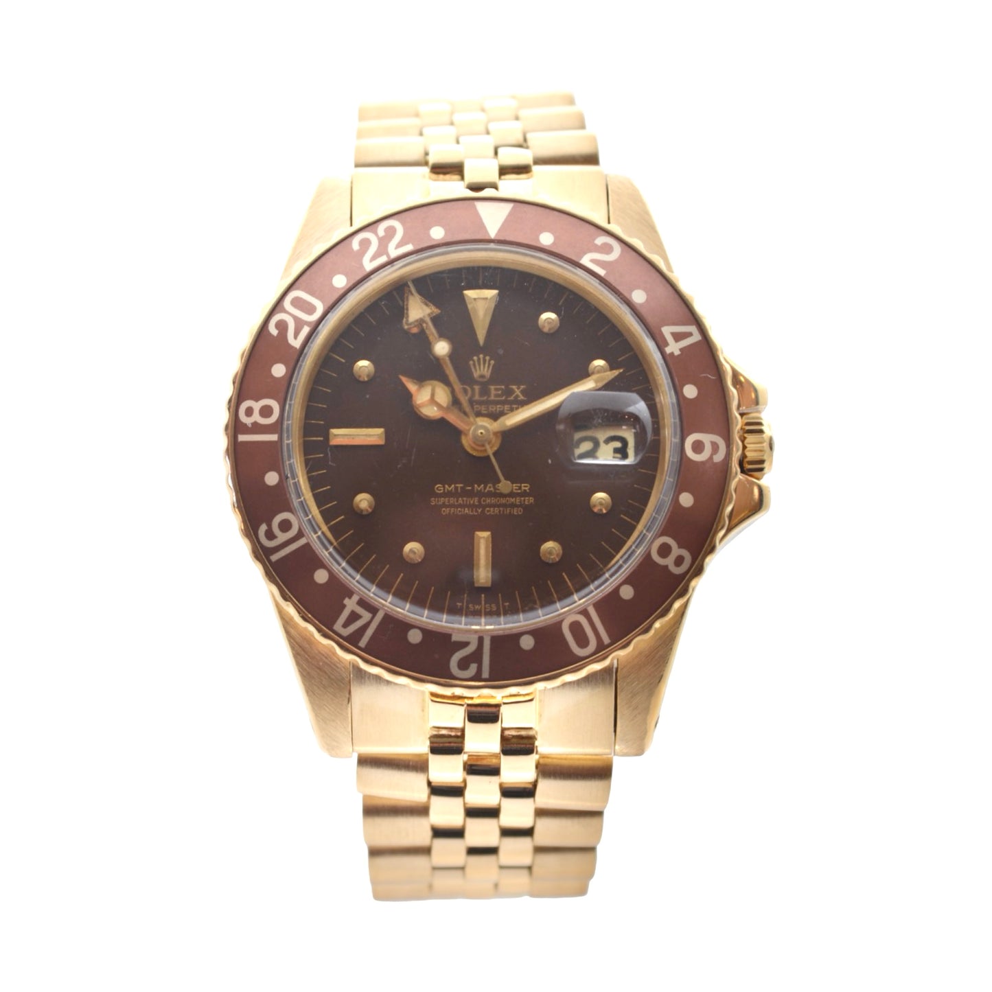 Rolex GMT-Master 40mm Date 18K Yellow Gold Case with Jubilee Bracelet "Rootbeer" Brown Dial 1675 C.1969