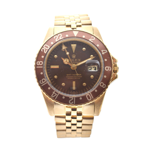 Rolex GMT-Master 40mm Date 18K Yellow Gold Case with Jubilee Bracelet "Rootbeer" Brown Dial 1675 C.1969
