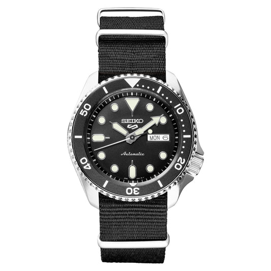 Seiko 5 Sports Automatic Day Date Black Dial Black Nylon Strap SRPD89