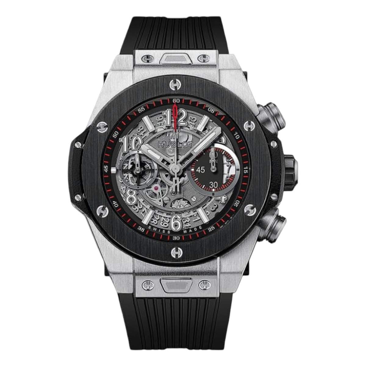 Hublot Big Bang Unico Titanium Ceramic 45mm Automatic Flyback Chronograph Silver Skeleton Dial Rubber Strap 411.NM.1170.RX