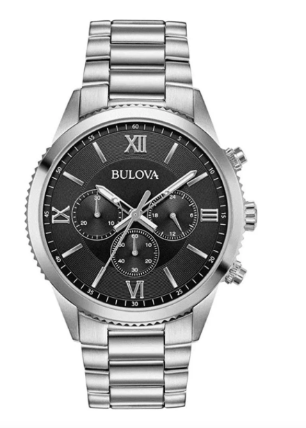 Bulova Mens Quartz Chronograph Black Dial Stainless Steel Bracelet 96A212