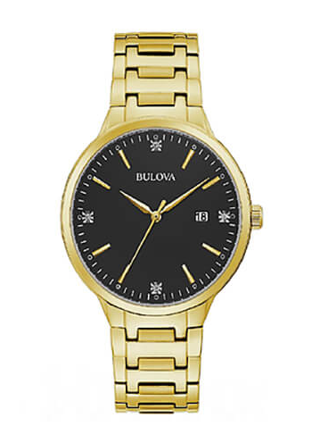 Bulova Mens Gold Tone Black Dial Diamond Accents 97D122