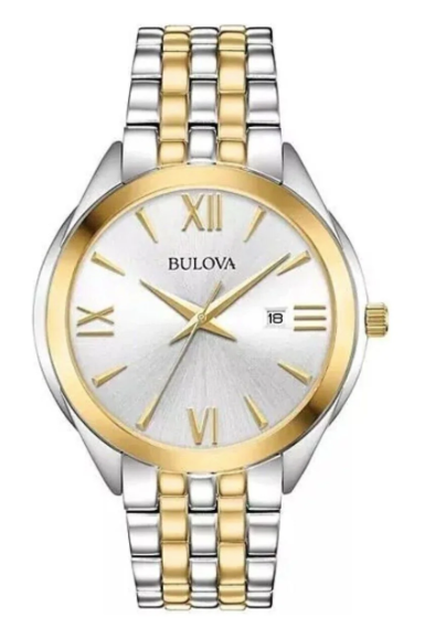 Bulova Mens Quartz Stainless Steel/Gold Tone Silver Roman Numeral Dial 98B331