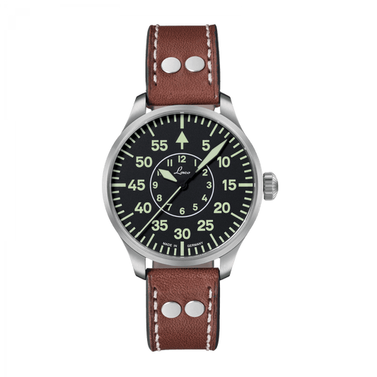 Laco Pilot Watches Basic Aachen 39 Black B Dial Brown Leather Strap 861990