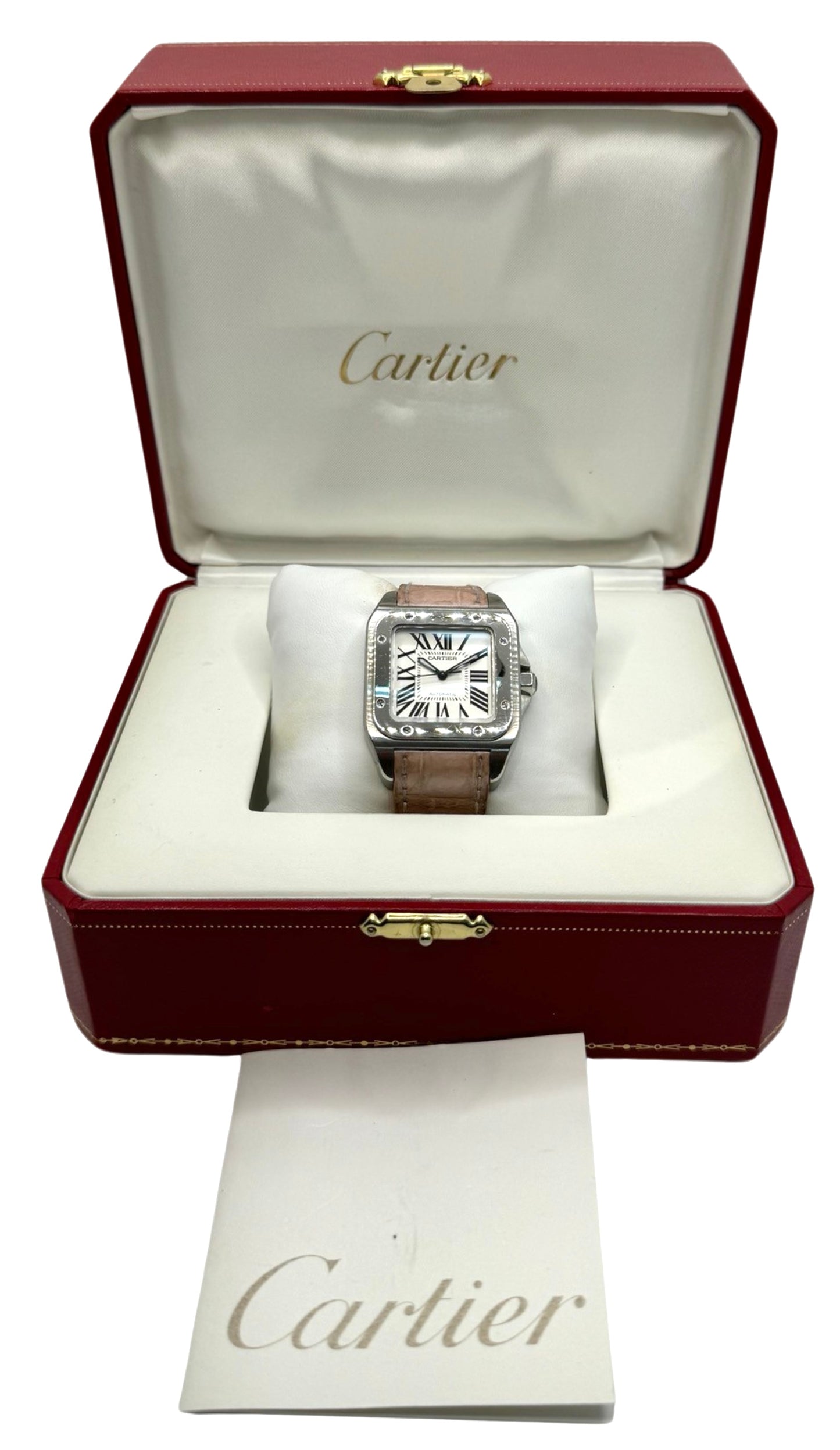 Cartier Santos 100 Automatic Silver Dial Pink Crocodile Strap 2878/ W20126X8