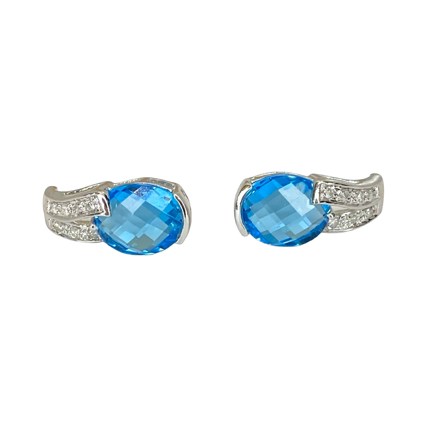 14K White Gold Faceted 4.00 Carats Oval Blue Topaz Earrings