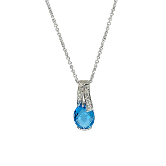 14K White Gold Faceted Oval Blue Topaz Pendant 2.00 Carats with Diamonds