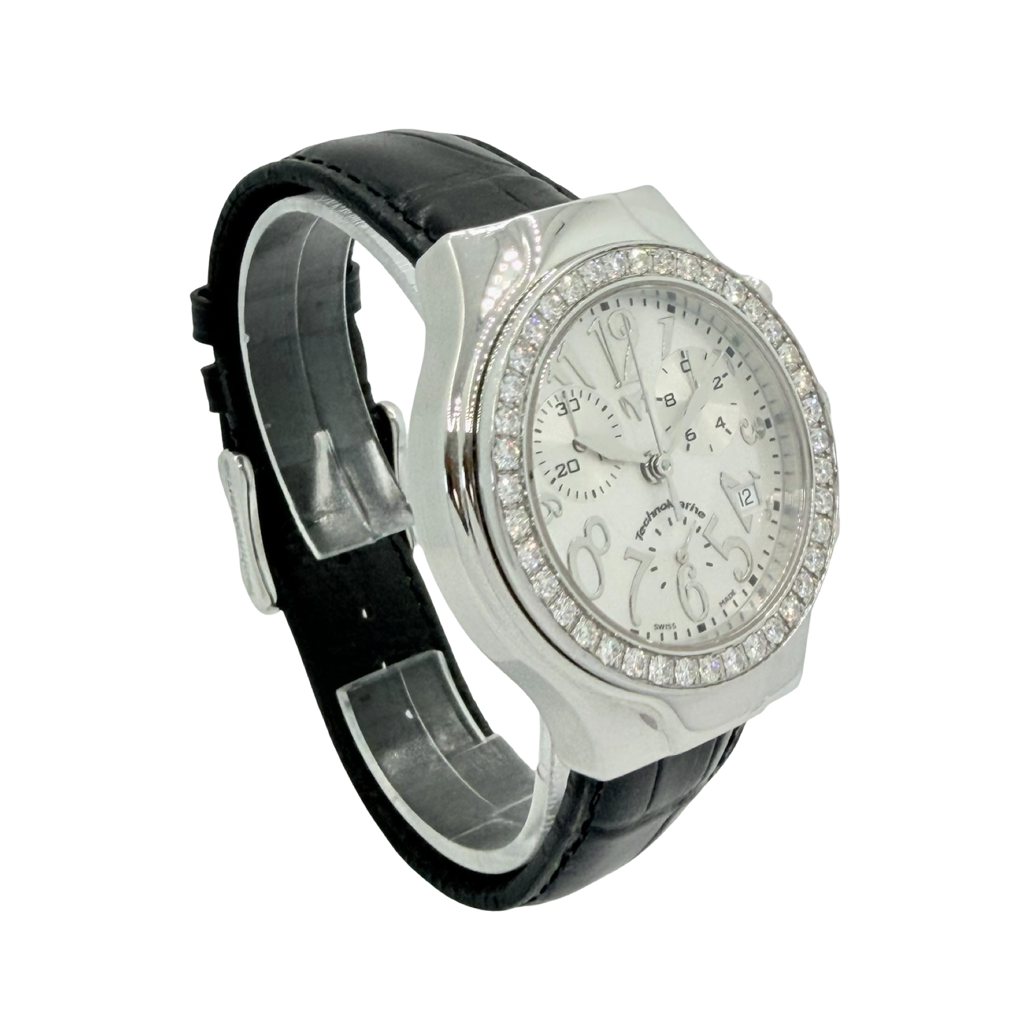 TechnoMarine TechnoDiamond Diva Quartz Chronograph White Mother-of-Pearl Dial 2.00 CaratDiamond Bezel Black Leather Strap DRMD