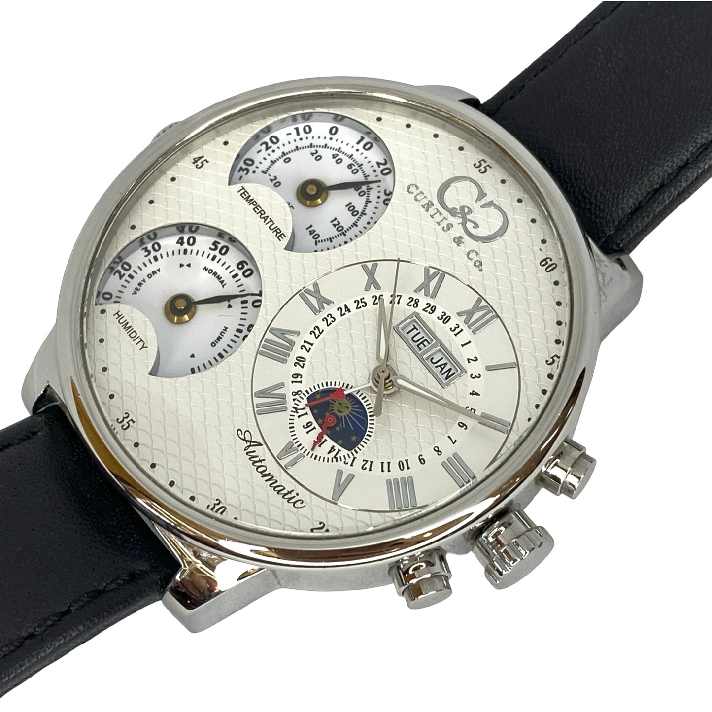 Curtis & Co Big Time Air Watch Automatic Triple Date Limited Edition White Dial  Black Leather Strap