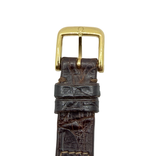 Omega De Ville Quartz 23mm 18K Yellow Gold Case Champagne Dial Brown Croco Strap 595.3111.1