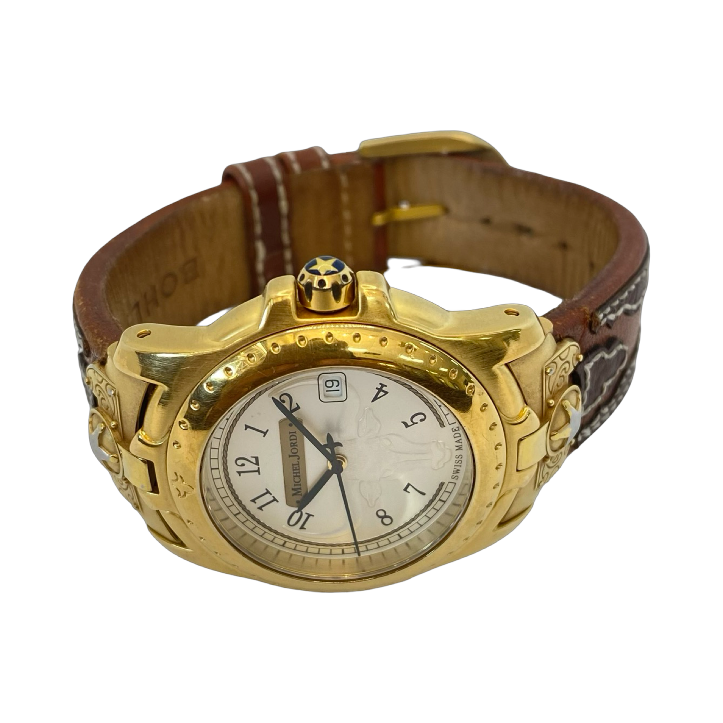 Michel Jordi Spirit of the West Quartz Gold Tone  Brown Leather Strap 8100