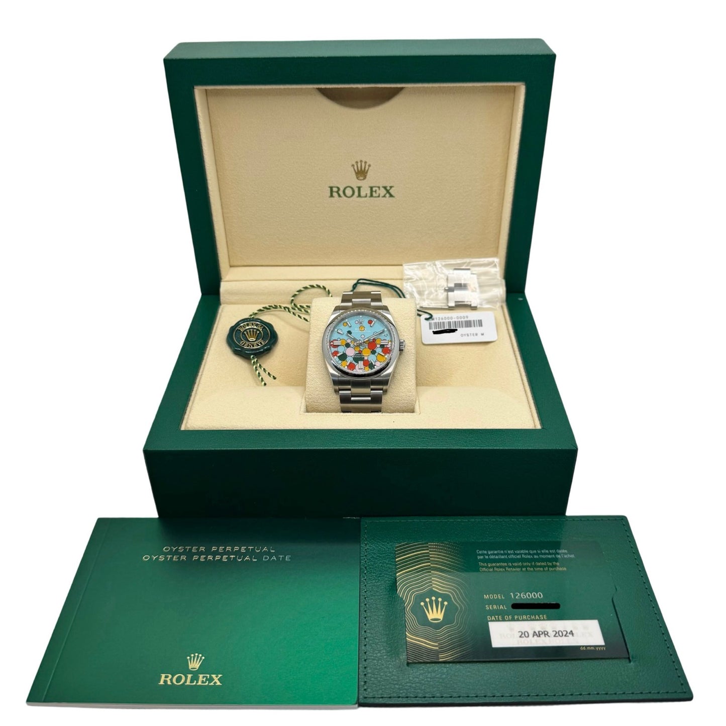 Rolex Oyster Perpetual 36mm Turquoise Blue "Celebration" Motif Dial Oyster Bracelet M126000-0009