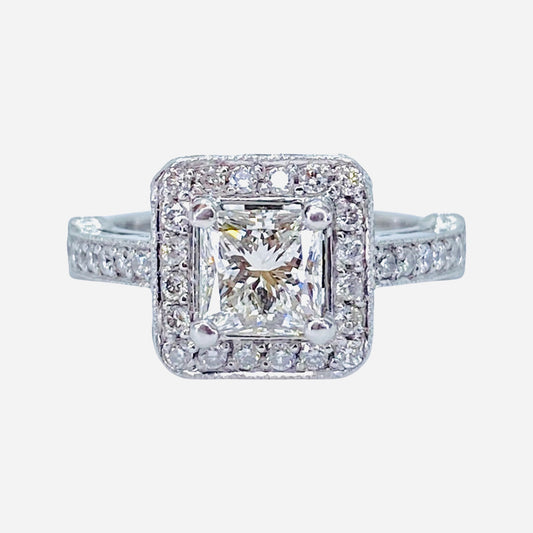 Platinum Princess Cut Diamond Halo Ring