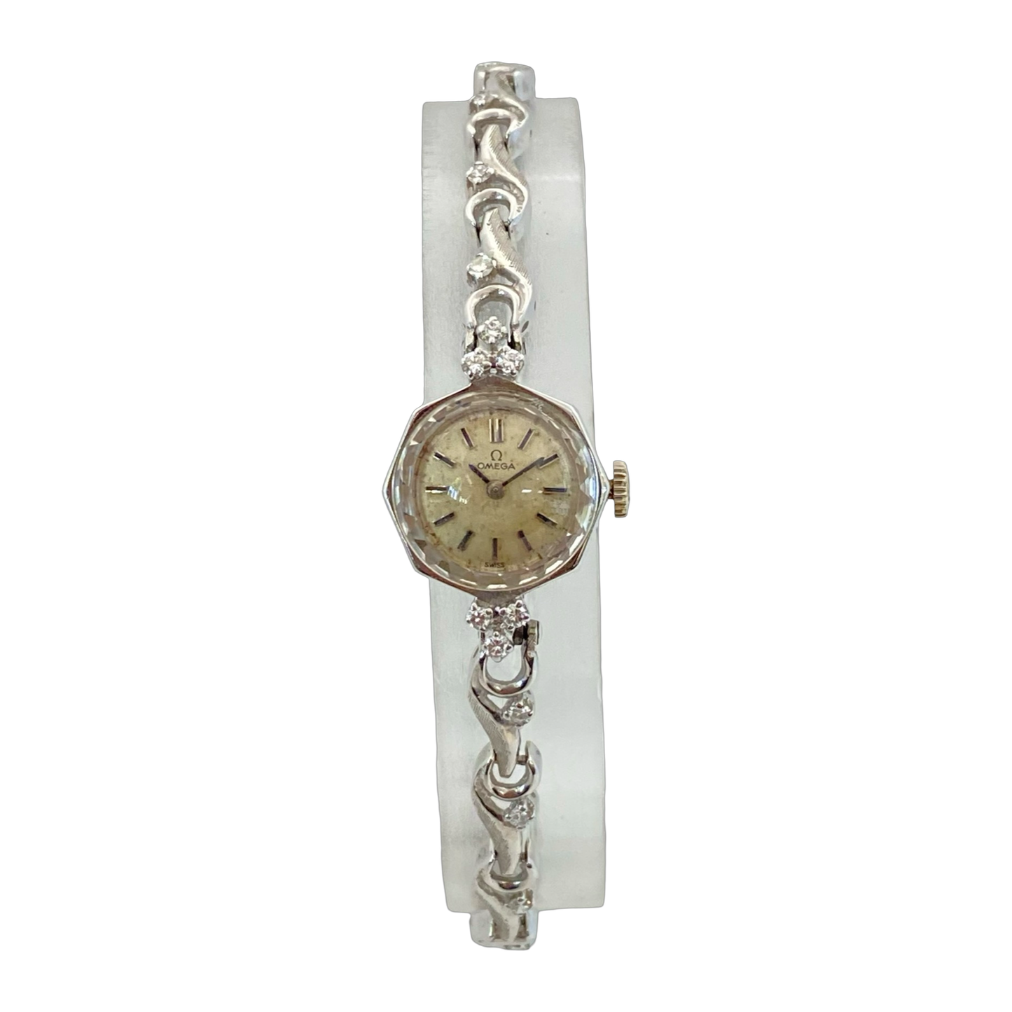 Vintage 14K White Gold Omega Cocktail Watch with Diamonds Manual Wind Ref. EE7446