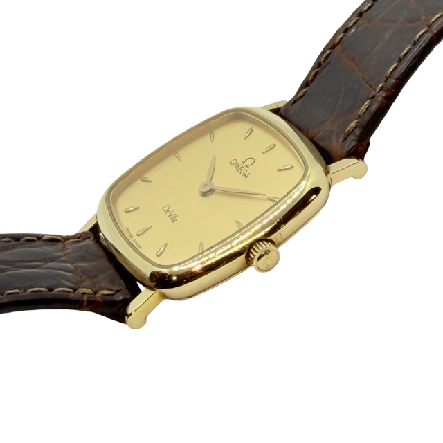 Omega De Ville Quartz 23mm 18K Yellow Gold Case Champagne Dial Brown Croco Strap 595.3111.1