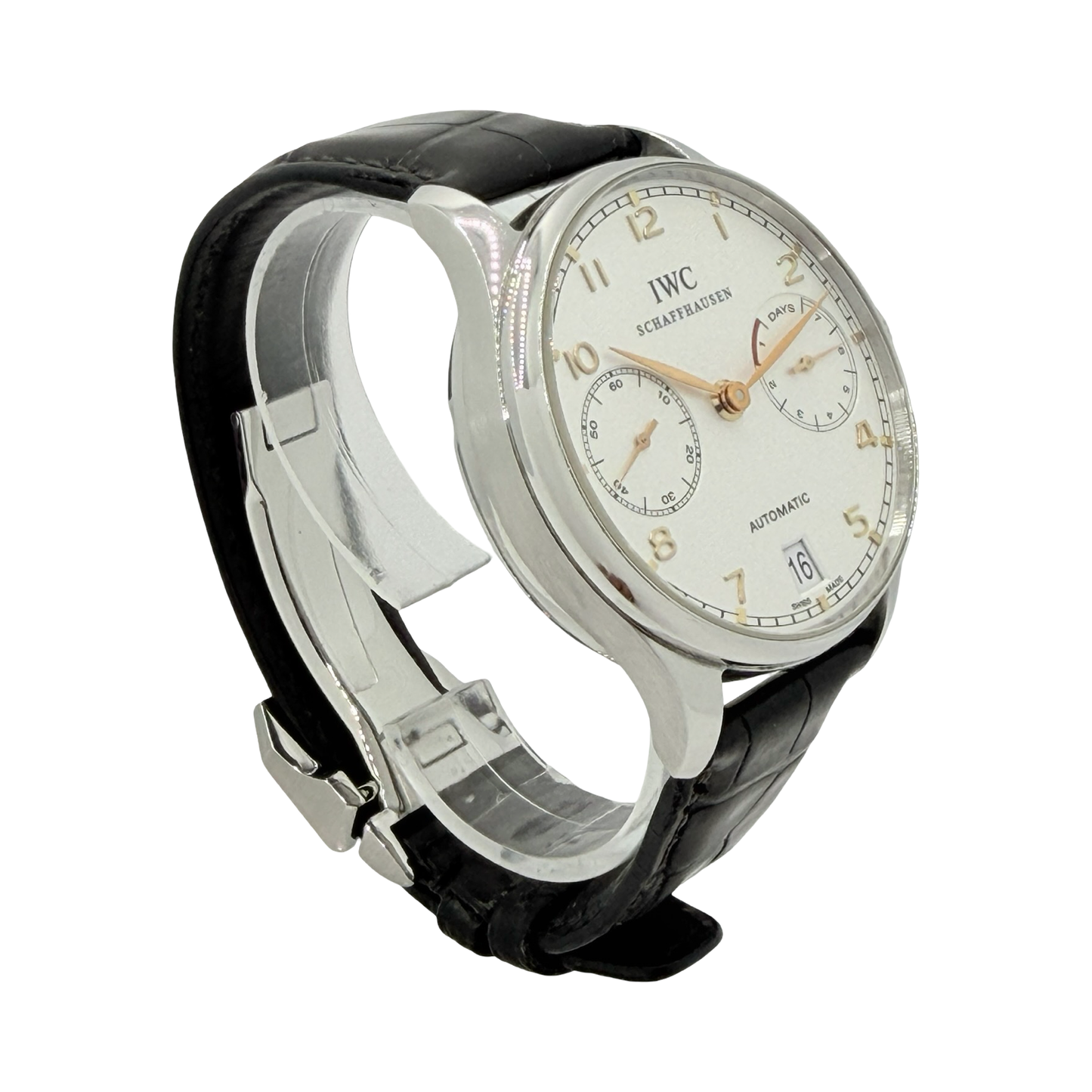 IWC Schaffhausen Portugieser 7 Day Power Reserve Silver Dial Black Leather Strap IW500114