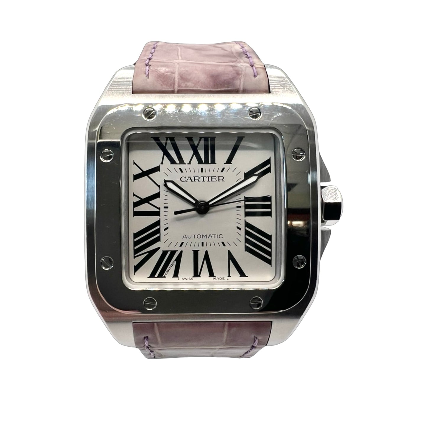 Cartier Santos 100 XL Automatic White Dial Stainless Steel Pink Strap 2656