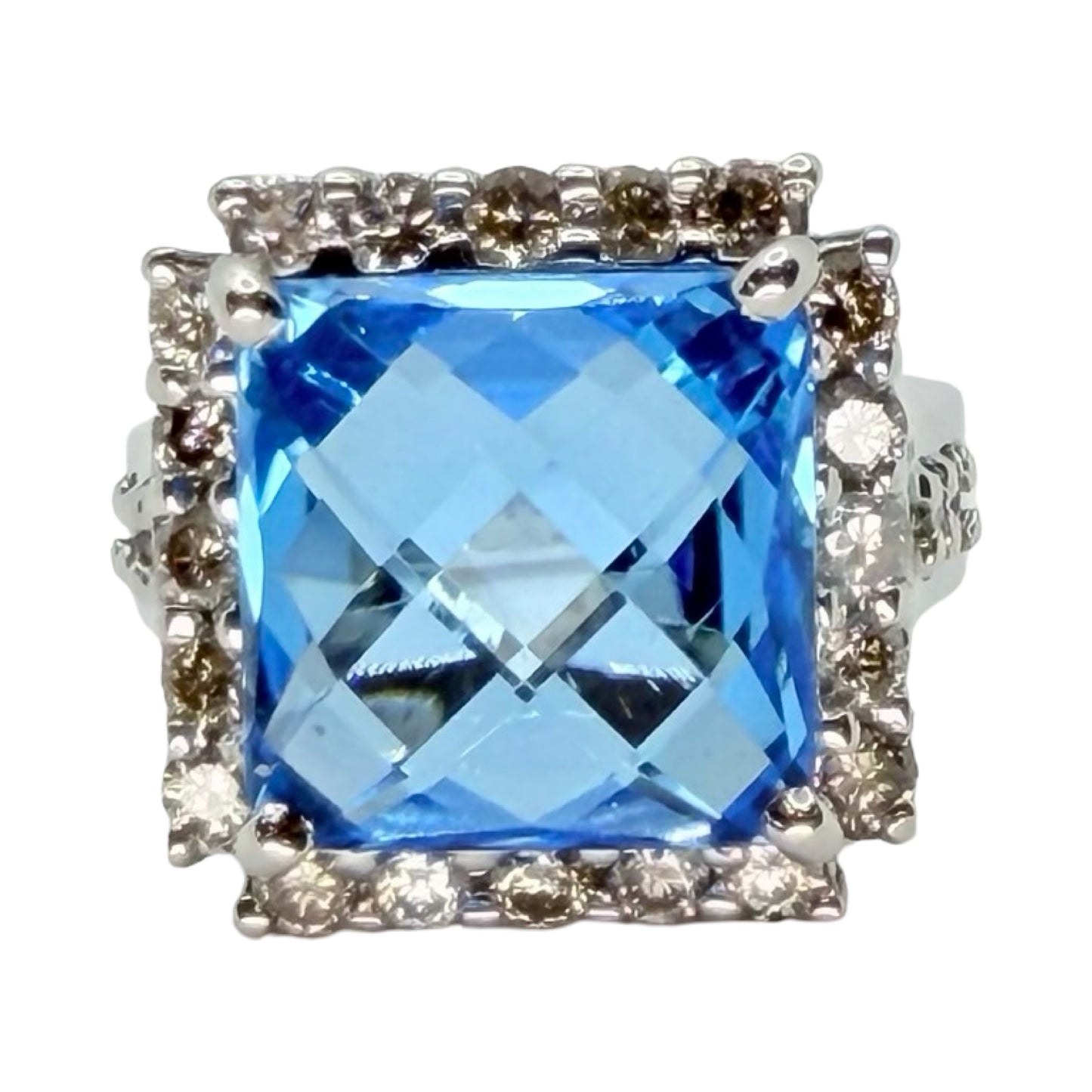 14K White Gold 12.00 Carat Blue Topaz Cocktail Ring 1.20 Carats Diamonds