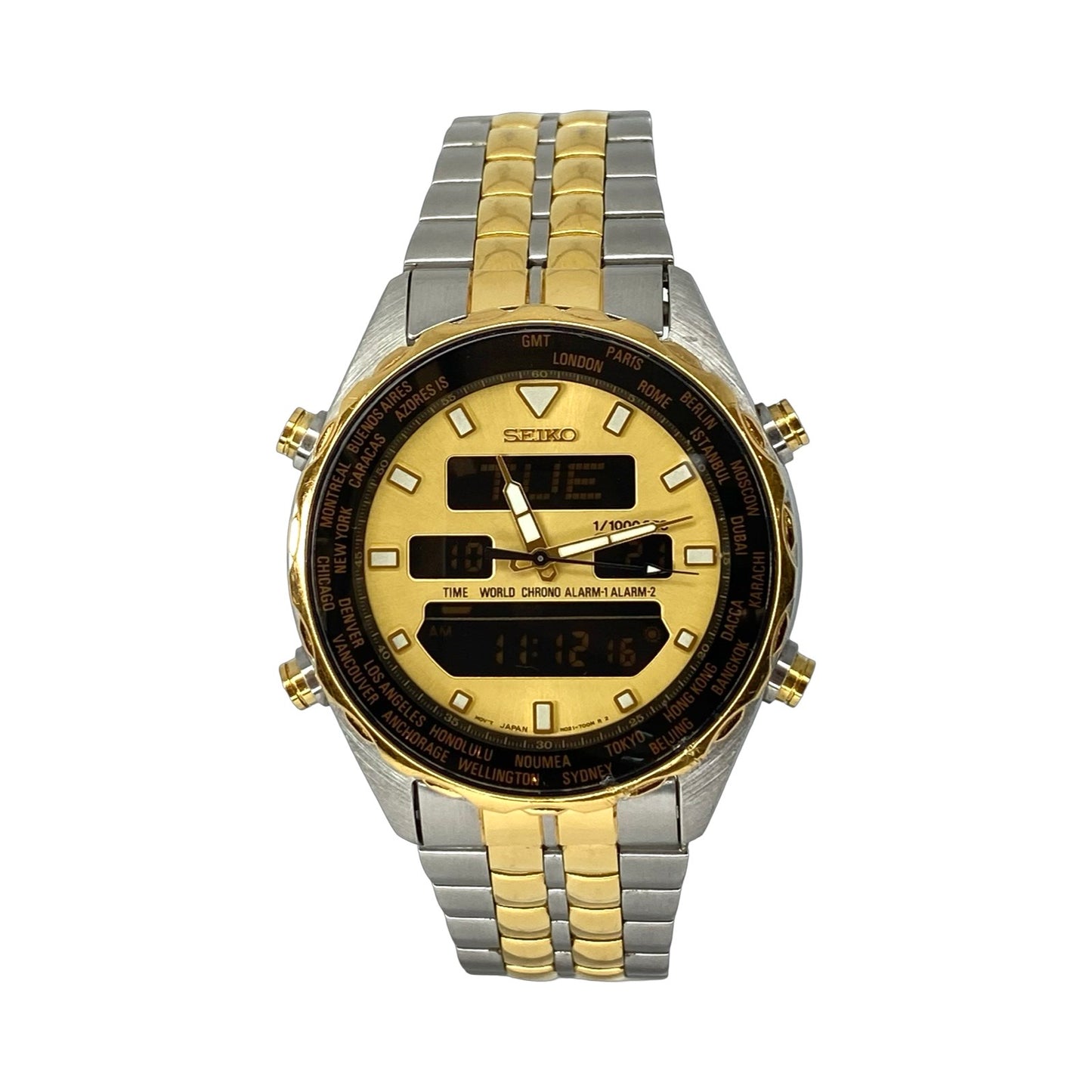 Seiko World Time Pilot Chronograph Ana/Digi Gold/ Steel H021-7001 Pre-Owned C.2004