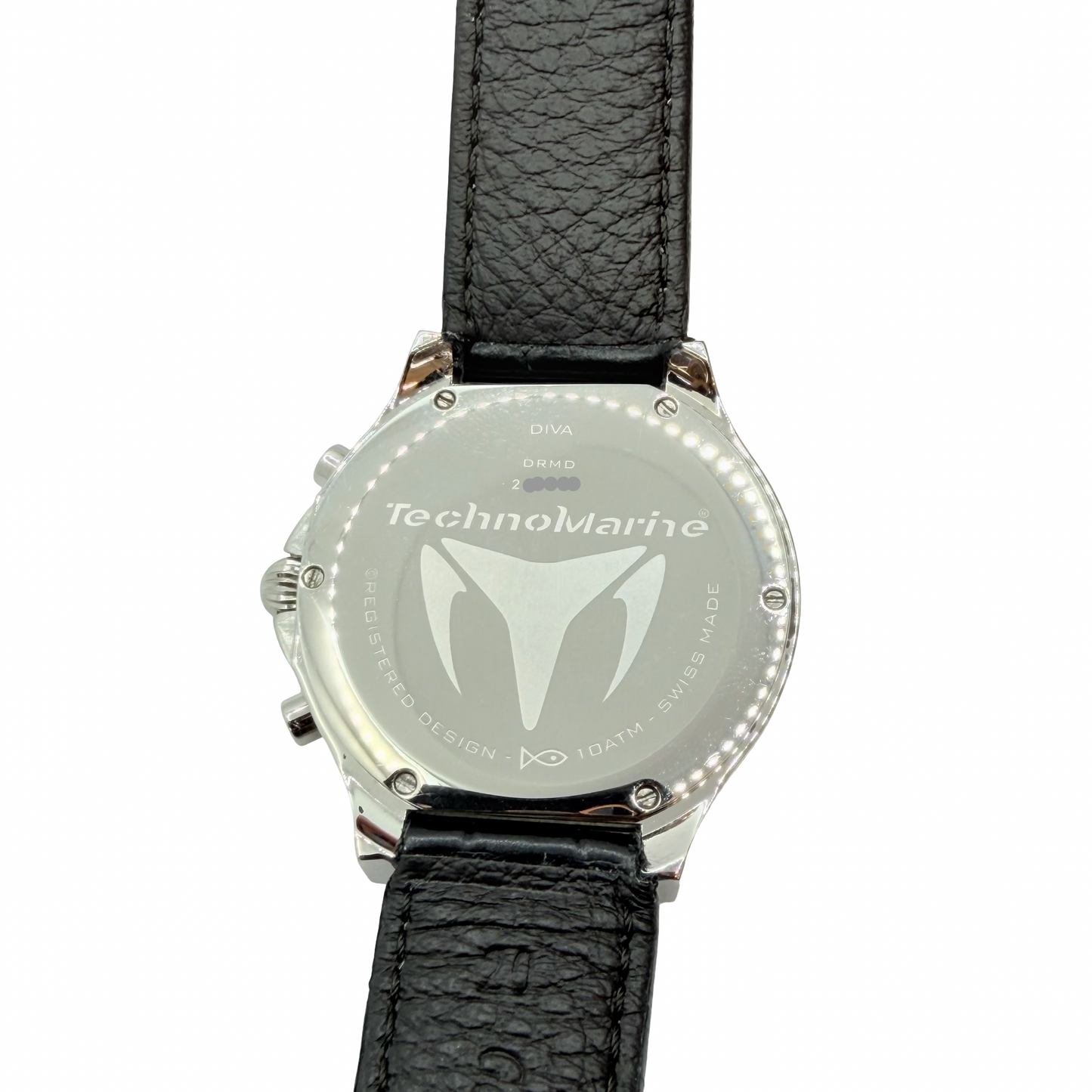 TechnoMarine TechnoDiamond Diva Quartz Chronograph White Mother-of-Pearl Dial 2.00 CaratDiamond Bezel Black Leather Strap DRMD