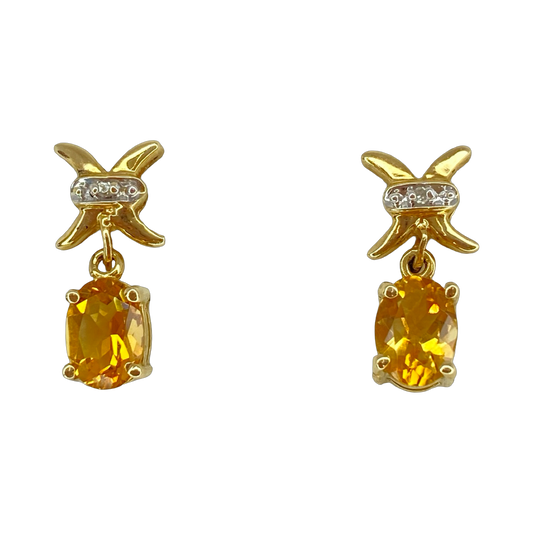 10K Yellow Gold Oval Citrine "X" Drop Earrings