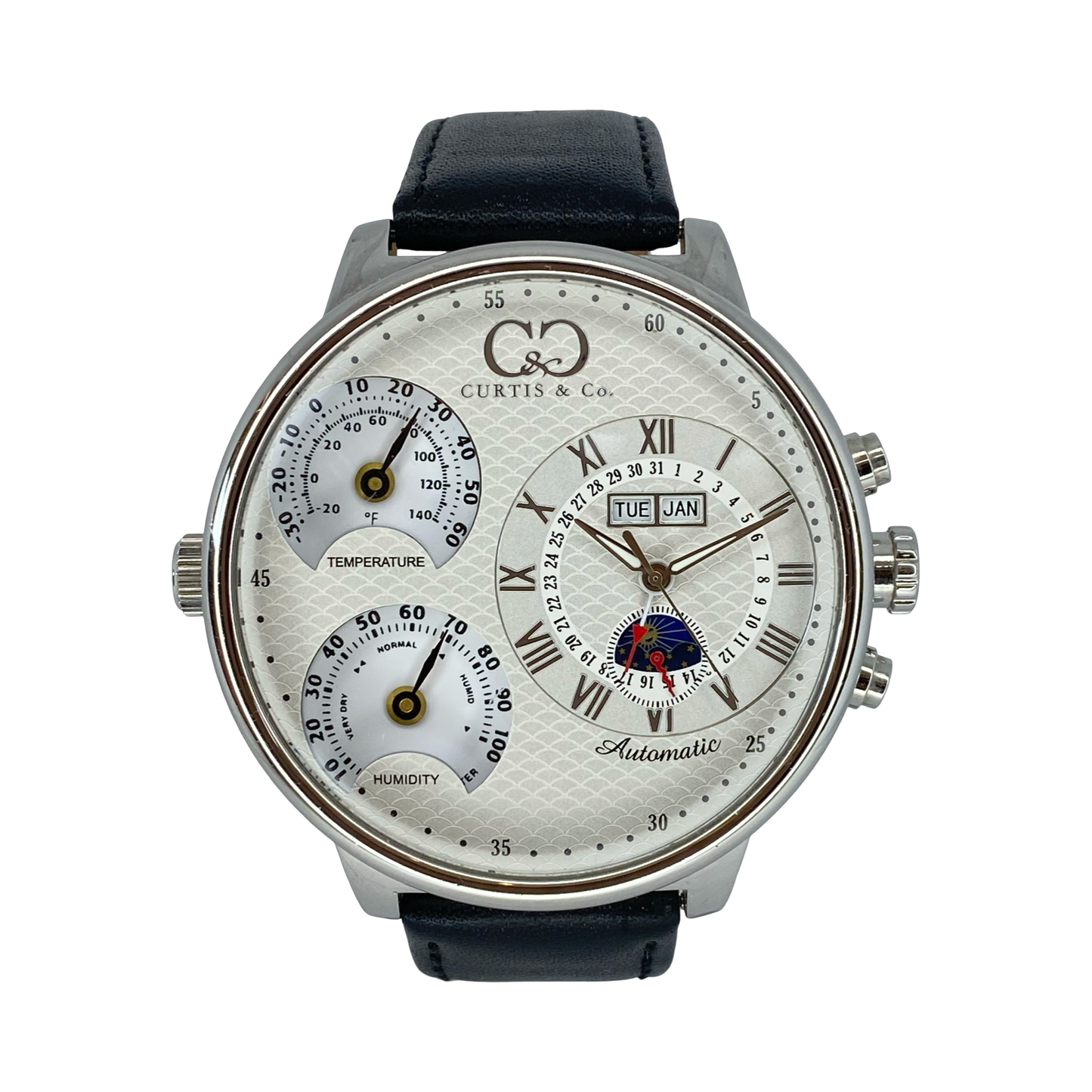 Curtis & Co Big Time Air Watch Automatic Triple Date Limited Edition White Dial  Black Leather Strap