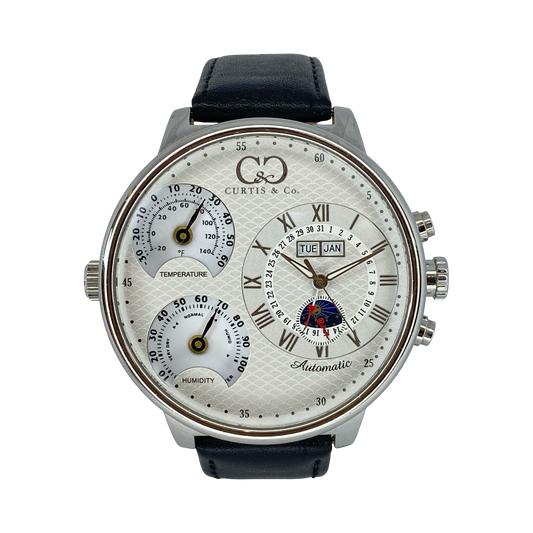 Curtis & Co Big Time Air Watch Automatic Triple Date Limited Edition White Dial  Black Leather Strap