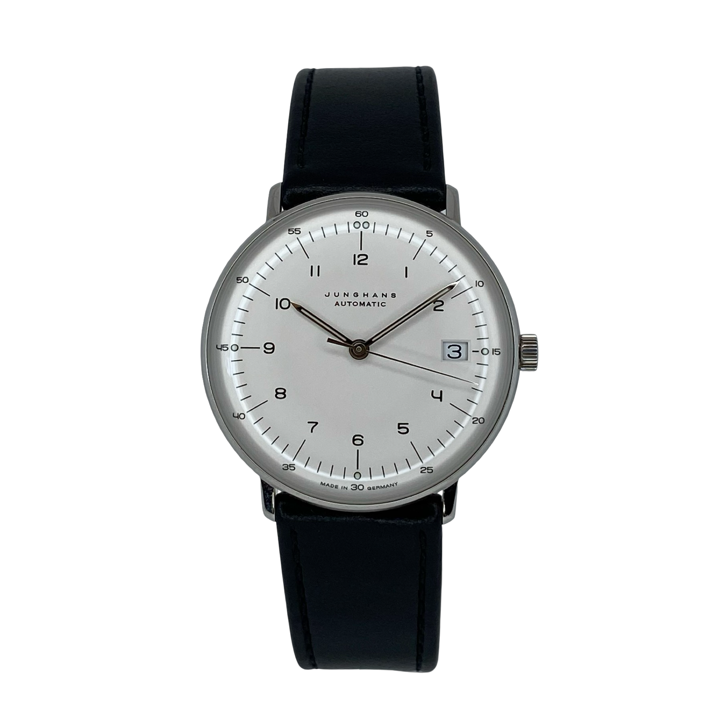 Junghans  Max Bill Automatic Date 34mm Silver Dial Black Leather 24/4107.02