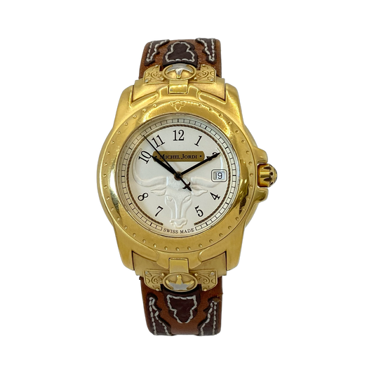 Michel Jordi Spirit of the West Quartz Gold Tone  Brown Leather Strap 8100
