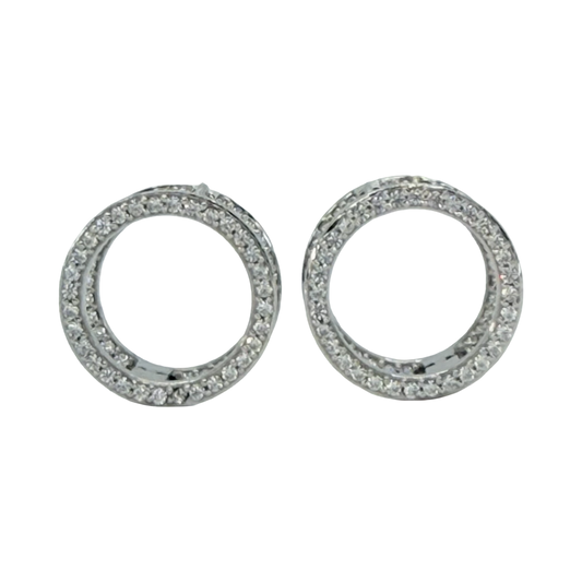 14K White Gold Double Hoop Earrings with CZ Stones