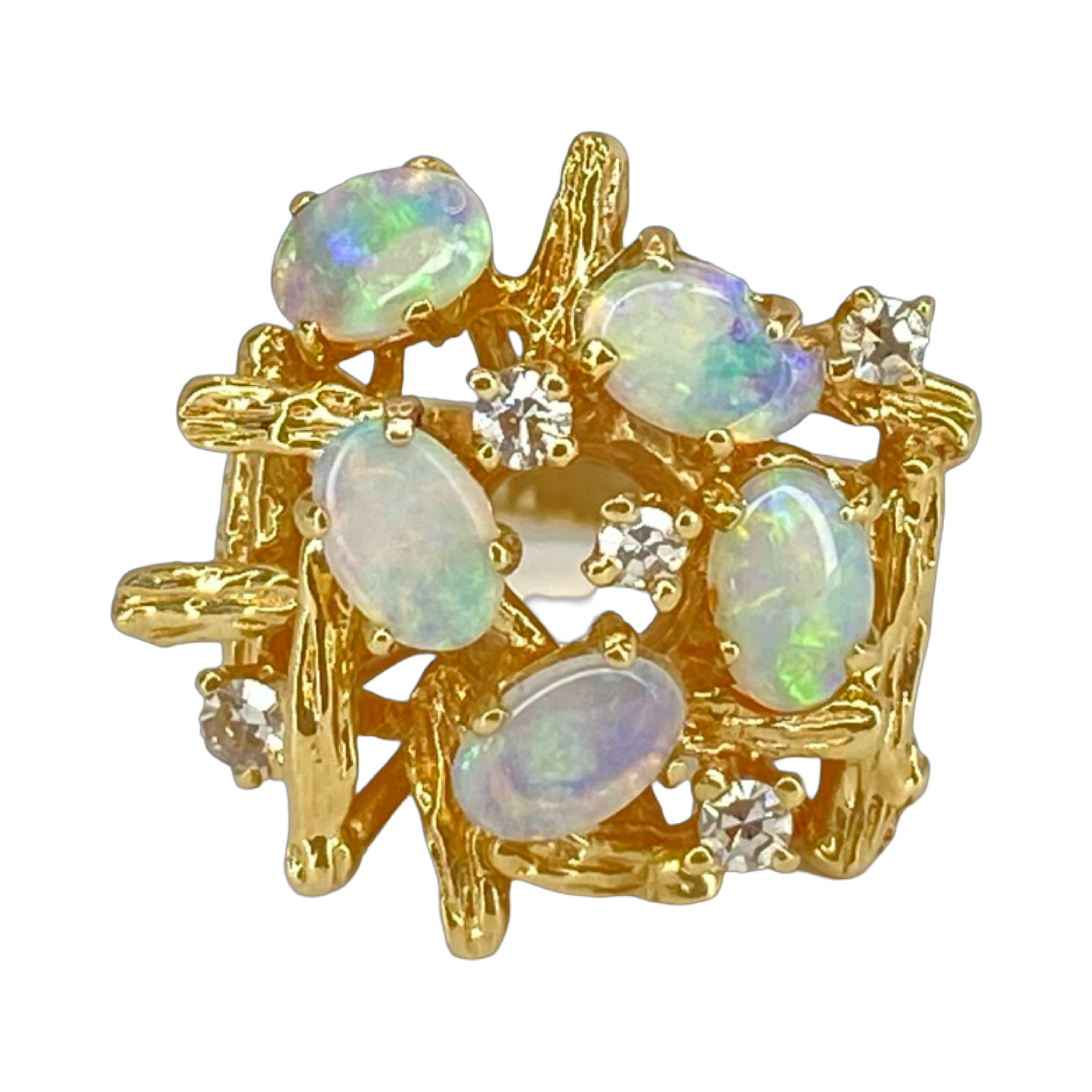 Estate Jewelry 14K Yellow Gold Opal and Diamond Cluster Ring