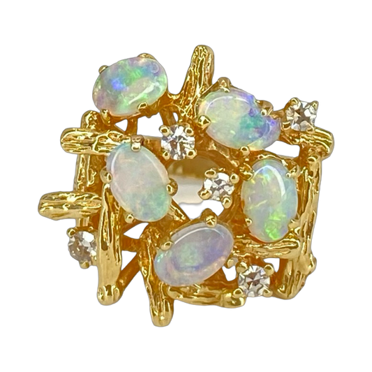 Estate Jewelry 14K Yellow Gold Opal and Diamond Cluster Ring