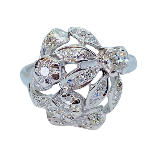 Estate Jewelry Womens 14K White Gold Flower Diamond Cocktail Ring