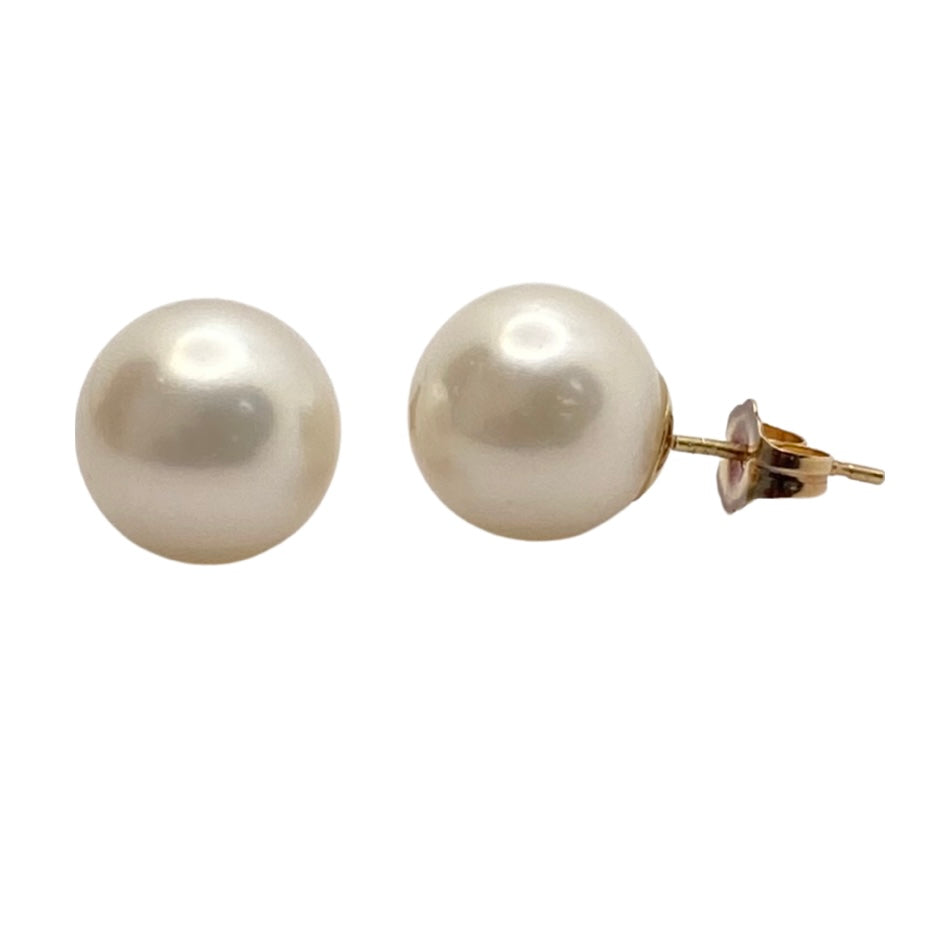 14K Yellow Gold Pearl Stud Earrings 12mm