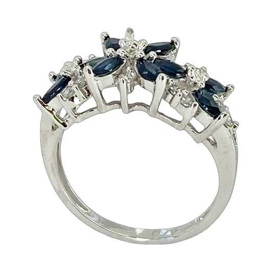 10K White Gold Marquise Blue Sapphires and Diamond Ring