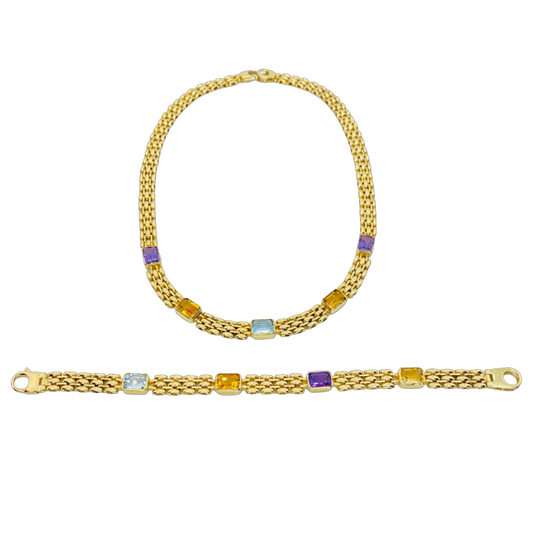 14K Yellow Gold Multi Gemstone Necklace and Bracelet Set