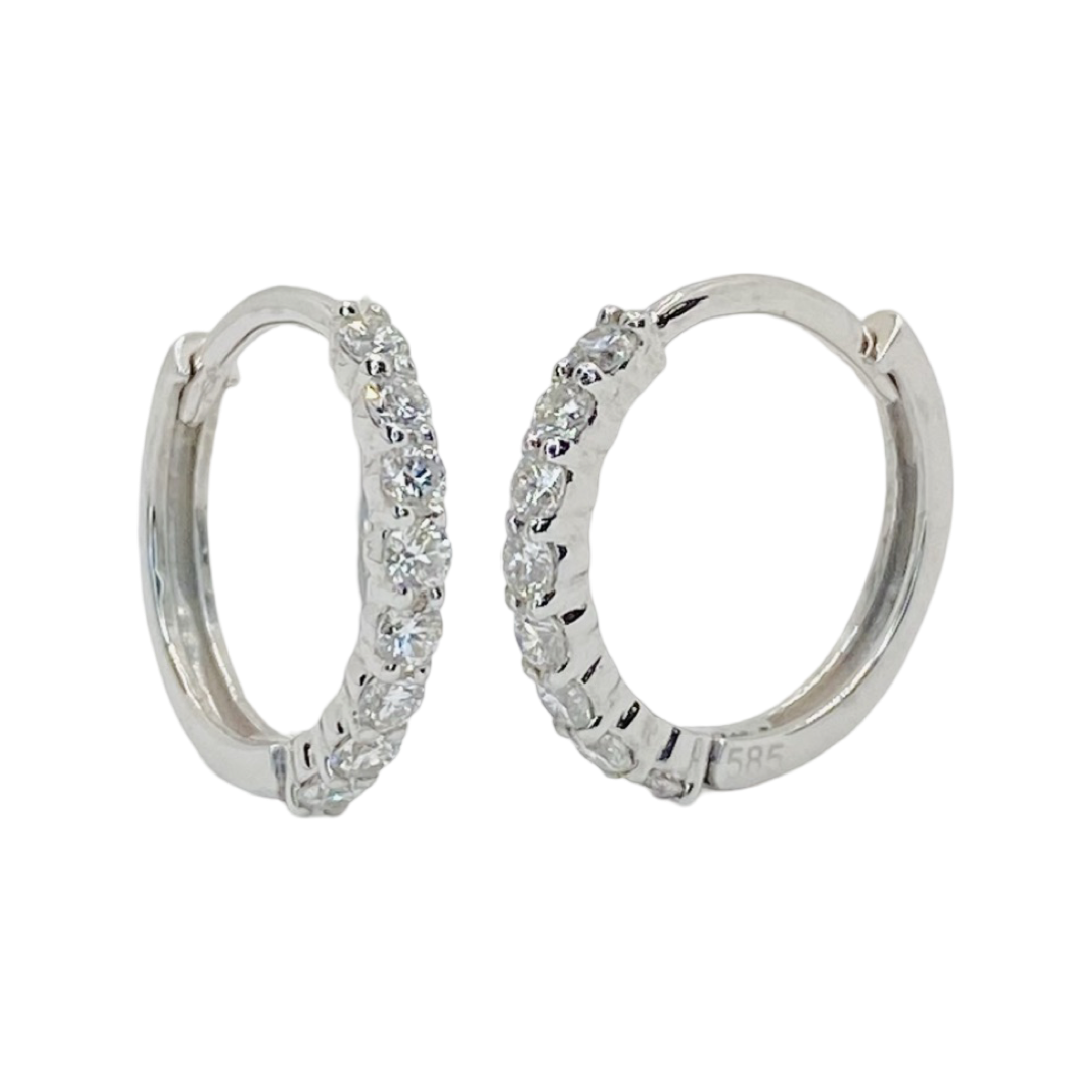 14K White Gold Diamond Huggie Hoop Earrings