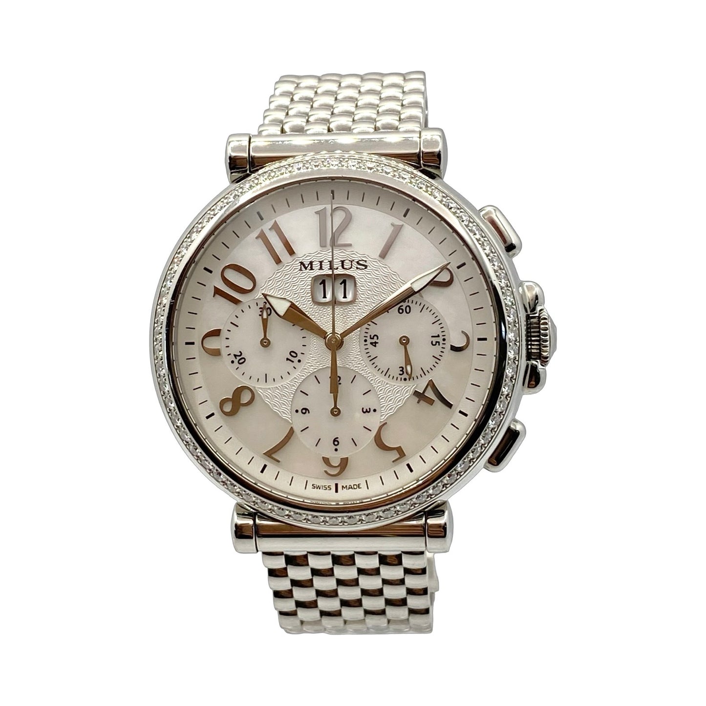 Milus Zetios Joaillerie Automatic Chronograph Date Mother-of-Pearl Dial Diamond Bezel on Steel Bracelet  ZETC023