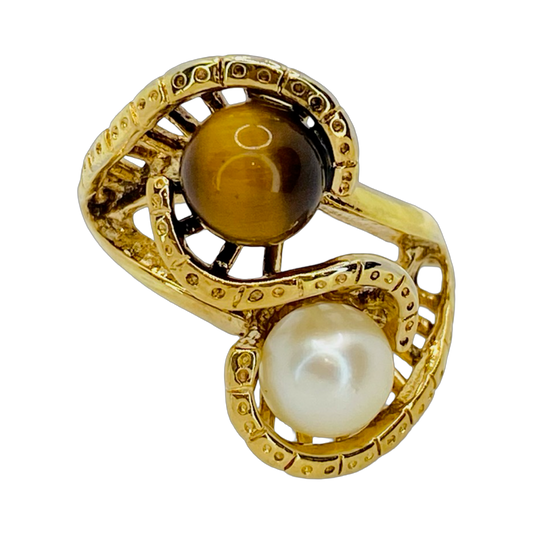 Estate Jewelry 14K Yellow Gold Pearl and Tiger Eye Ring