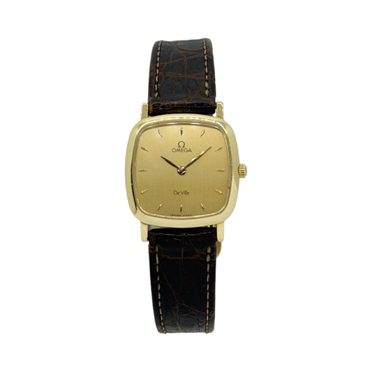 Omega De Ville Quartz 23mm 18K Yellow Gold Case Champagne Dial Brown Croco Strap 595.3111.1