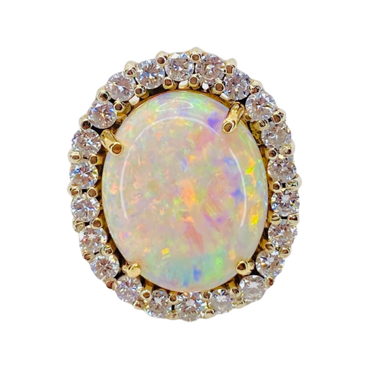 Estate Jewelry 18K Yellow Gold Oval White Opal and Diamond Ring