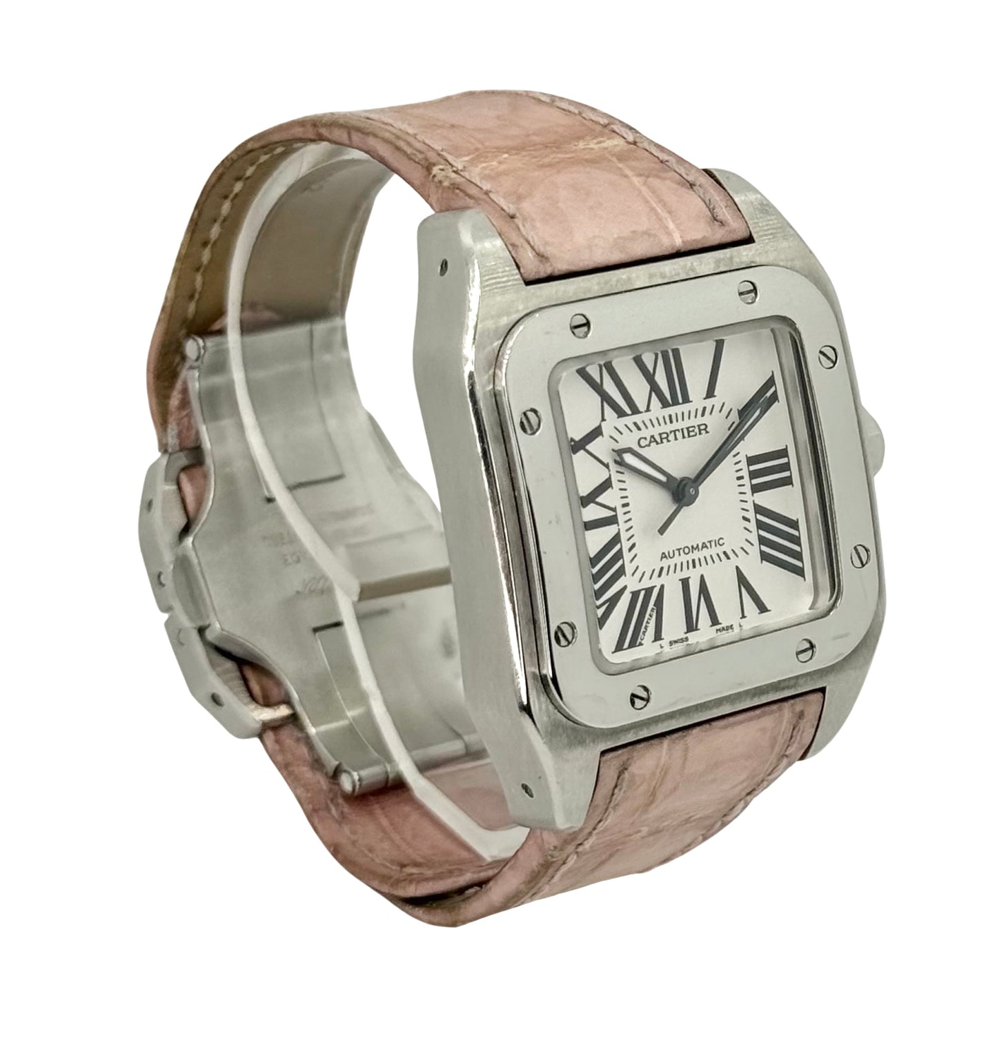 Cartier Santos 100 Automatic Silver Dial Pink Crocodile Strap 2878/ W20126X8