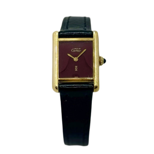 Cartier Must De Cartier Tank Small 925 Vermeil Burgundy Dial Black Strap