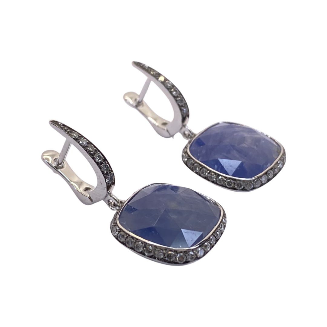 18K White Gold Blue Sapphire & Diamond Dangle Earrings